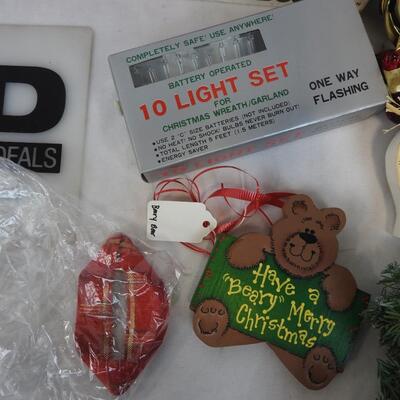 Christmas Lot: Wreaths, Christmas Light Set, Votive Holders, Basket, Ribbons