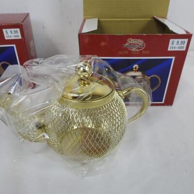 5 Santa's Workbench Mesh Tea Pots, Gold Colored, In Boxes