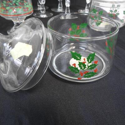 Lot of 16 Holiday Glass and 2 Glass Containers, Goblets, Short and Tall