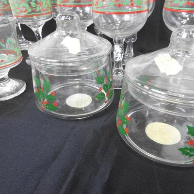 Lot of 16 Holiday Glass and 2 Glass Containers, Goblets, Short and Tall