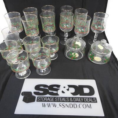 Lot of 16 Holiday Glass and 2 Glass Containers, Goblets, Short and Tall