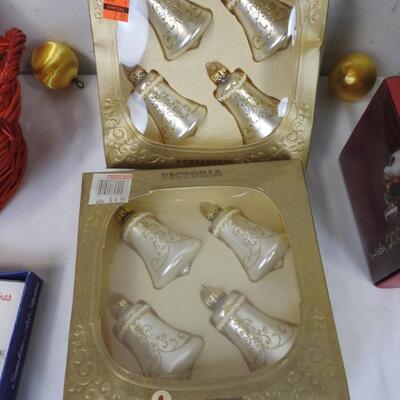 14 pc Christmas Decor: Vintage Ornaments, Red Basket, Wish Bear, Christmas Cards