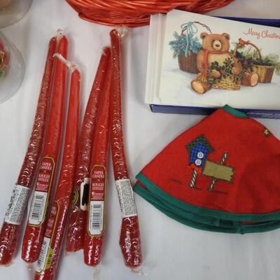 14 pc Christmas Decor: Vintage Ornaments, Red Basket, Wish Bear, Christmas Cards