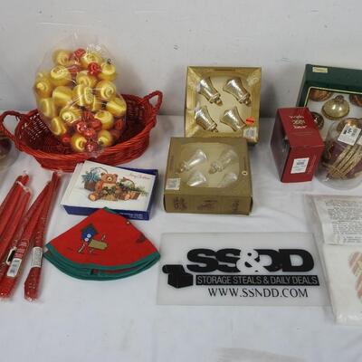 14 pc Christmas Decor: Vintage Ornaments, Red Basket, Wish Bear, Christmas Cards
