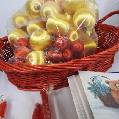 14 pc Christmas Decor: Vintage Ornaments, Red Basket, Wish Bear, Christmas Cards