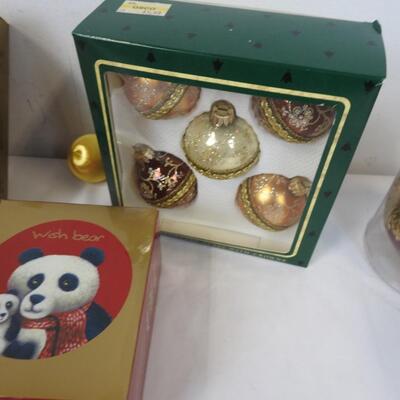 14 pc Christmas Decor: Vintage Ornaments, Red Basket, Wish Bear, Christmas Cards