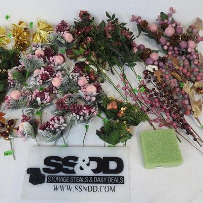Lot of Faux Flowers and Craft Flowers, Pink Berries and Flowers, Gold Flowers