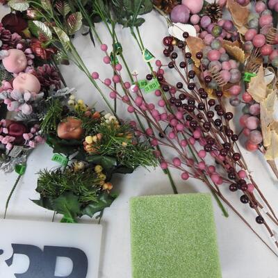 Lot of Faux Flowers and Craft Flowers, Pink Berries and Flowers, Gold Flowers