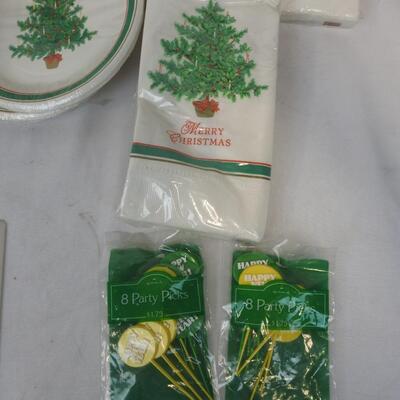 Lot of Green Christmas Paper Kitchen Goods, Paper Plates and Cups, Napkins