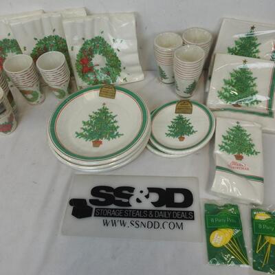 Lot of Green Christmas Paper Kitchen Goods, Paper Plates and Cups, Napkins