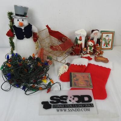Snowman Statue, Small Figurines, Stockings, Sled, Cards & Envelopes, Lights, CD