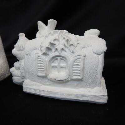 White Ceramic House and Trees with Bear Decor, Small Assorted Paints