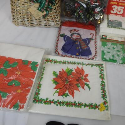 Christmas Napkins, 35 and 50 Light Sets, Paper Plates, Silk Plant Basket