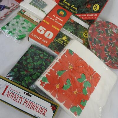 Christmas Napkins, 35 and 50 Light Sets, Paper Plates, Silk Plant Basket