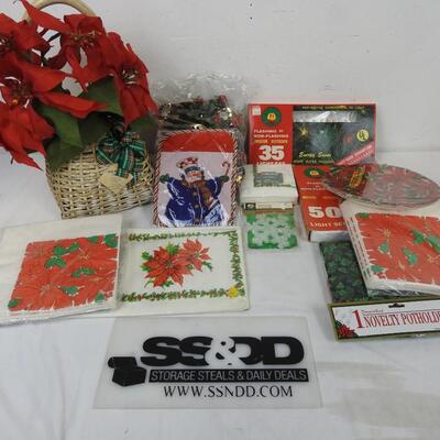 Christmas Napkins, 35 and 50 Light Sets, Paper Plates, Silk Plant Basket