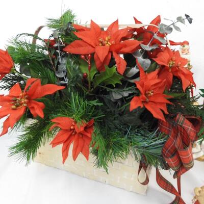 Christmas Decorated Sleds, Santa Figurines, Candles, Baskets with Faux Flowers