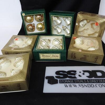 7 Boxes of 4 Ornaments, Christmas Classics Hand Decorated Glass Ornaments