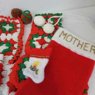 12 Christmas Stockings: 7 Large Crocheted, 7 Fur `