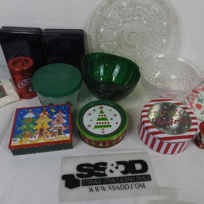 14 pc Holiday Kitchen, Bowls, Tins, Platter, Napkins