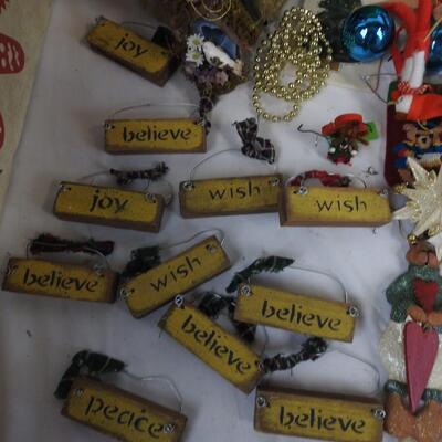 Christmas Decor Lot: Ornament Organizing Box, Assorted Ornaments, Tree Topper