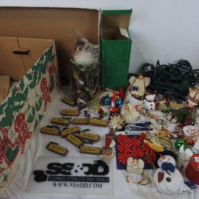 Christmas Decor Lot: Ornament Organizing Box, Assorted Ornaments, Tree Topper