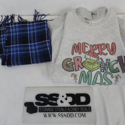 Merry Grinchmas 2XL Sweater, Blue Scarf, Winter Wonderland Adjustable Bracelet