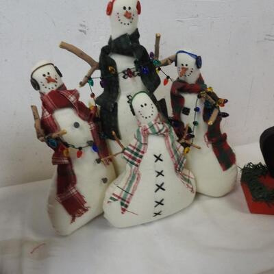 3 pc Christmas Decor: Snowman Family, Santa Wooden Figure, Bucket,