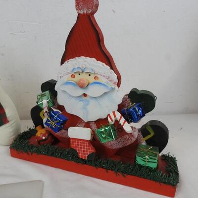 3 pc Christmas Decor: Snowman Family, Santa Wooden Figure, Bucket,