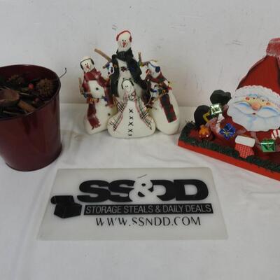 3 pc Christmas Decor: Snowman Family, Santa Wooden Figure, Bucket,
