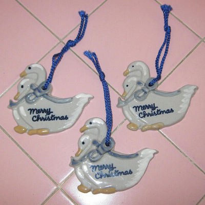 MS VIntage Louisville Stoneware 3 Christmas Ornaments Merry Geese Goose Pottery