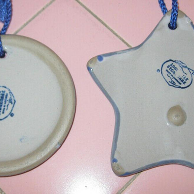MS VIntage Louisville Stoneware 2 Christmas Ornaments Snowmen Angels Jesus Pottery