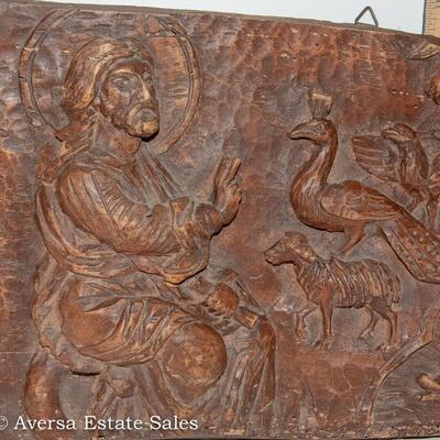 ANTIQUE CARVED WOOD PANEL - SAINT FRANCIS OF ASSISI BLESSING THE ANIMALS