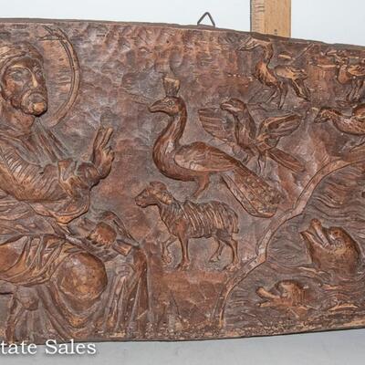 ANTIQUE CARVED WOOD PANEL - SAINT FRANCIS OF ASSISI BLESSING THE ANIMALS