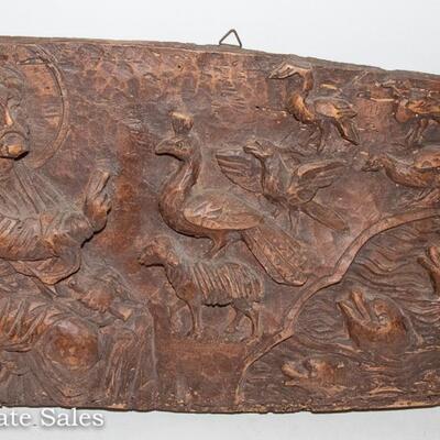 ANTIQUE CARVED WOOD PANEL - SAINT FRANCIS OF ASSISI BLESSING THE ANIMALS