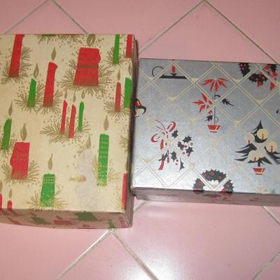 MS 5 Vintage Christmas Present Boxes Buffums Trees Candles Snowmen Deco