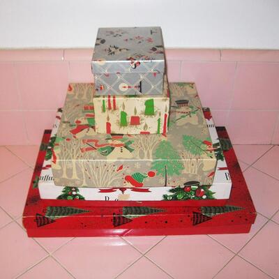 MS 5 Vintage Christmas Present Boxes Buffums Trees Candles Snowmen Deco