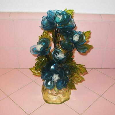 MS 1960s MCM Molded Plastic Flower Arrangement 11" Blue Green Everlasting
