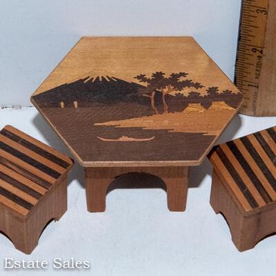 MID CENTURY MODERN - MARQUETRY / INLAID WOODEN DOLL HOUSE FURNITURE