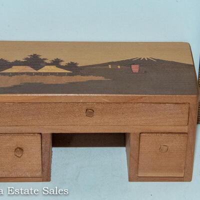 MID CENTURY MODERN - MARQUETRY / INLAID WOODEN DOLL HOUSE FURNITURE