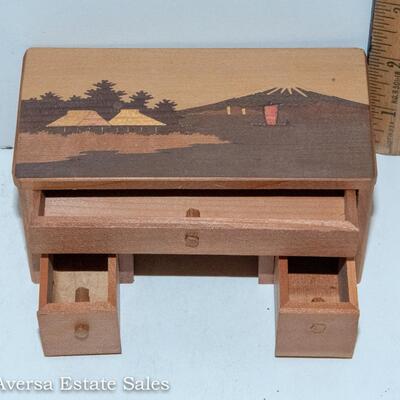 MID CENTURY MODERN - MARQUETRY / INLAID WOODEN DOLL HOUSE FURNITURE