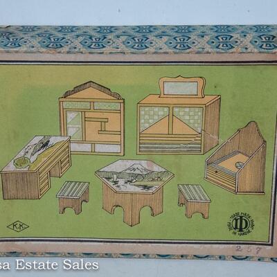MID CENTURY MODERN - MARQUETRY / INLAID WOODEN DOLL HOUSE FURNITURE