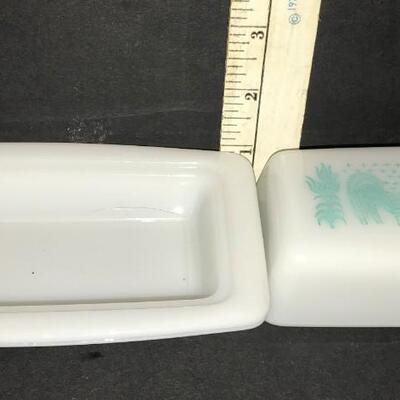 RARE Vintage Pyrex Glass Turquoise Blue Butter print Amish Print Butter Dish With Lid