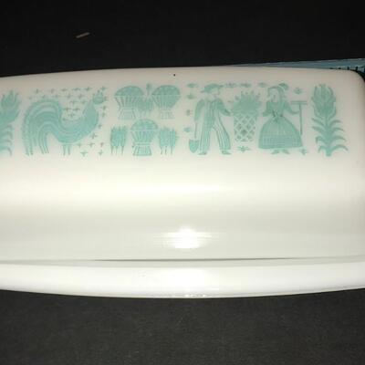 RARE Vintage Pyrex Glass Turquoise Blue Butter print Amish Print Butter Dish With Lid