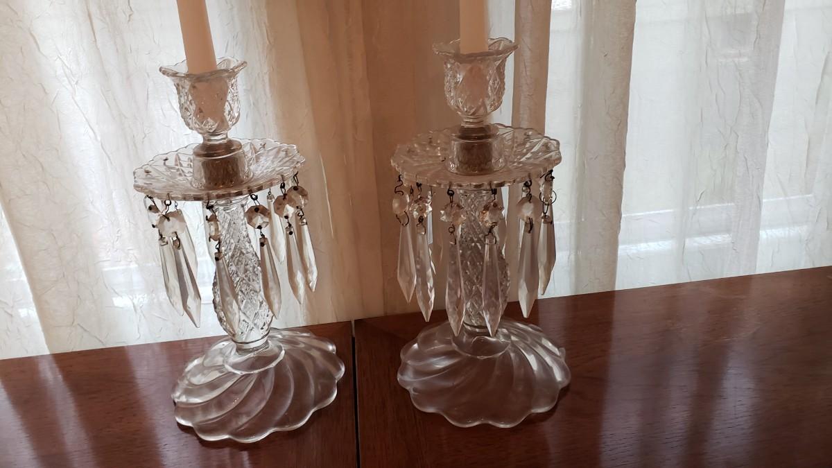 Two antique Crystal Candle holders with prisms