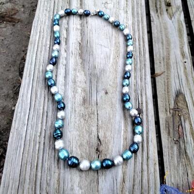 Gorgeous Royal Blue, Aqua and Silver Graduated Freshwater Pearl Necklace 6.75mm to 9 mm