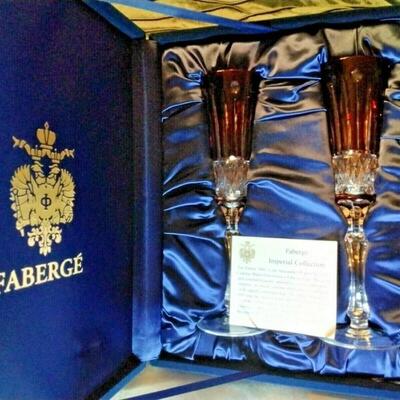 FABERGE Set of 2 XENIA Ruby Red Cut to Clear Crystal Champagne Flutes signed