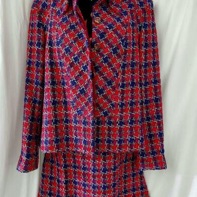 Chanel 2015 Spring Collection Tweed Suit. Bold red, pink & blue tweed. New/old, with tags.