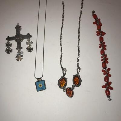 Unique Sterling Amber Turquoise Coral Jewelry Lot