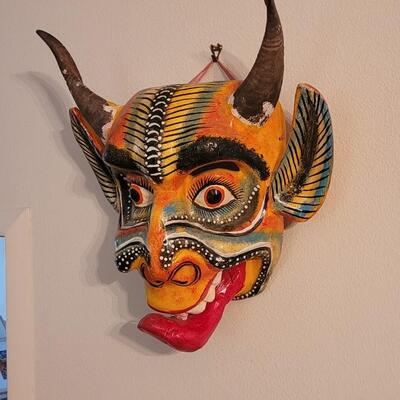 Lot 34: Vintage Mexican Red Diablo Carved Wood Mask with Real Horns
