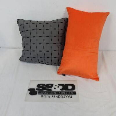 2 Pillows: 1 Gray Throw Pillow with Pattern, 1 Orange Pillow